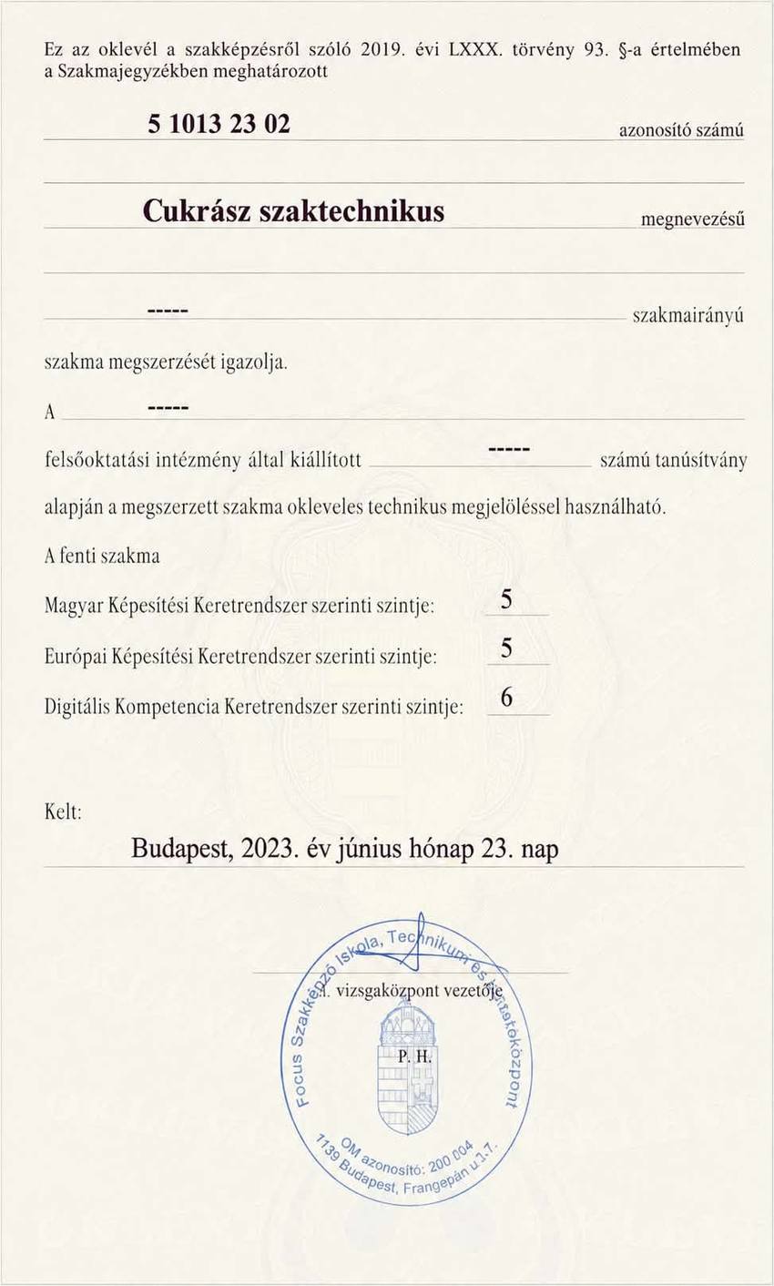 Cukrász szaktechnikus oklevél