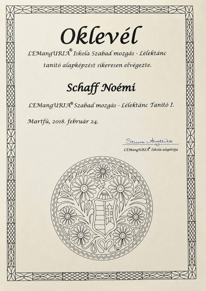 Táncterápia (LEMangURIA) oklevél